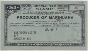 Description=United States Special Tax Stamp -- Producer of Marihuana -- July, 1945. It was probably related to the U.S. Hemp for Victory campaign, which allowed production of hemp for the U.S. WWII effort.
