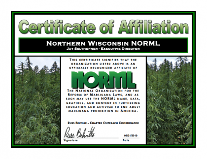 Northern Wisconsin NORML Certificate of Affiliation