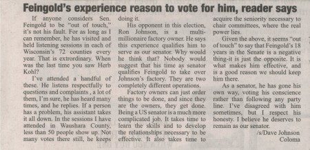 Feingold's experience reason to vote for him, reader says in Waushara Argus Newspapers