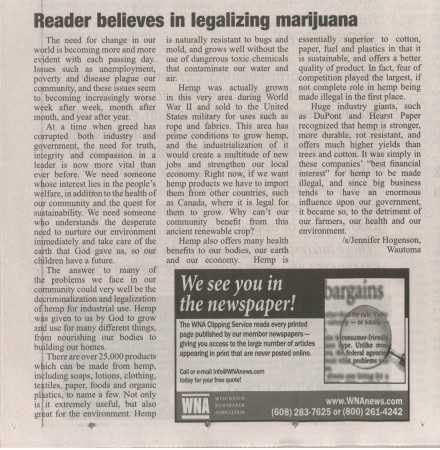 Reader believes in legalizing marijuana (Waushara Argus edited version)