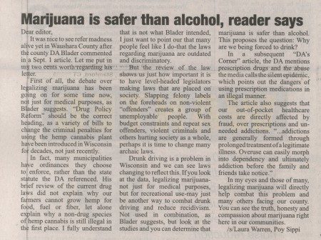 Marijuana is safer than alcohol, reader says (Waushara Argus Edited Version)