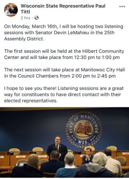 Rep. Tittl and Senator LeMahieu Hilbert and Manitowoc Meetings March 16th